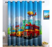 Cortinas Opacas 2 Piezas Dibujos Animados Arquitectura Helicópteros Coches, Cortinas Salon Cortinas Termicas aislantes Frio y Calor con Ojales para Habitacion Infantil Dormitorio, Azul, 140 x 245 cm