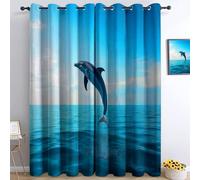 Cortinas Opacas 2 Piezas Fotografía Delfines Saltando, Cortinas Salon Cortinas Termicas aislantes Frio y Calor con Ojales para Cocina Habitacion Infantil Dormitorio, Azul Cielo, 234 x 137 cm