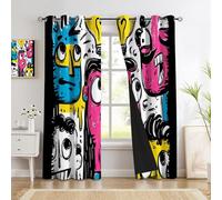 Cortinas Opacas Aisladas Térmicamente con Ojales, Diseño de Avatares Personajes Dibujos Animados, Aspecto Grafitis, Cortina Térmica para Salón Dormitorio, 2 Unidades, 140An x 245Al cm, Multicolor