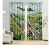 Cortinas Opacas Ciudad Rural y avión de Combate Térmicas Aislantes Frío y Calor, Reducción de Ruido para Dormitorio, Salón y Oficina Moderna 2 Paneles 140An x 175Al cm