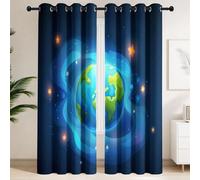 Cortinas opacas con aislamiento térmico y diseño de dibujos animados, diseño de cielo estrellado, tierra, anillo superior, para dormitorio, sala de estar, decoración de ventana, 228 cm de ancho x 183