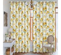 Cortinas opacas con diseño de girasoles, lazo azul brillante, flores amarillas, lavables a máquina, paneles de ventana para sala de estar, decoración de cocina, 132 x 241 cm