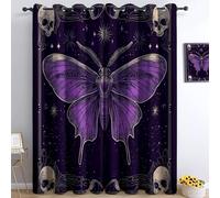 Cortinas opacas con ojales morados con estampado de calavera de mariposa y fantasía, con aislamiento térmico, cortinas de ventana para sala de estar, dormitorio, 2 paneles, 46 pulgadas de ancho x 54