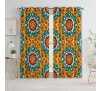 Cortinas Opacas con Ojales Verde Azulado Y Rojo Estilo Mandala Geométrico Flores, Cortina Oscurecedora para Sala de Estar, Decoración de Dormitorio, Cortinas Térmicas Aislantes 2 Paneles 70 x 160 cm