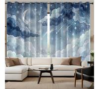 Cortinas Opacas De Luna Creciente Nubes Estrellas Para Dormitorio, Azul, Cielo Nocturno En Acuarela, Oscurecimiento Con Ojales, Cortinas De Ventana Para Decoración De Sala De Estar 140 x 280 cm