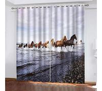 Cortinas Opacas De Salón Decoración para Habitación Dormitorio Moderno con Ojales 2 Piezas 200x200 Cm 3D Paisaje con Animales Y Caballos Junto Al Mar Salon Y Dormitorio Conjunto De 2 Piezas, para Ni