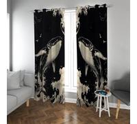 Cortinas Opacas Estilo Ukiyo-E para niños Dormitorio de niña Olas del mar y Cortinas de Ventanas en Forma de Ballena decoración térmica aislada en Negro y Blanco 2 Paneles (W200xL210cm Cada uno)