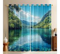 Cortinas Opacas Montañas Junto al Lago Térmicas Aislantes para Dormitorio, Salón o Cocina, Estampado Moderno Azul Cielo, 2 Paneles 110An x 215Al cm