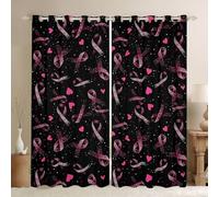 Cortinas opacas negras de concienciación sobre el cáncer de mama de 66 x 72 pulgadas para dormitorio, cortinas con ojales de cinta negra y rosa para sala de estar, patrón de apoyo de sobrevivientes de
