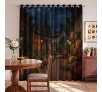 Cortinas Opacas Noche Lluviosa Calles Europeas Cortinas Aislantes Térmicas Ciudad Cuento Hadas Europea con Ojales Cortina Privacidad, Reducción de Ruido Cortina para Salon Dormitorio, 140x160cm