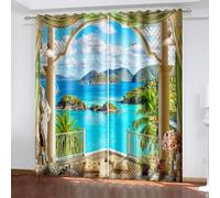 Cortinas Opacas Océano Tropical Cortinas Térmicas Aislantes con Ojales 2 Piezas 3D Vista al Balcón Cortina Blackout para Dormitorio Infantil Ventanas Estándar 2X 132x215 cm B/2479
