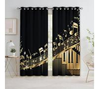 Cortinas Opacas para Dormitorio 2 Piezas 140 x 260 cm Cortina con Estampado Teclas de Piano Doradas Notas Cultura Musical Térmicas Contra el frío Cortinas Insonorizantes con Ollados para Salon, Negro