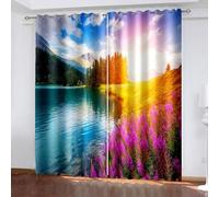 Cortinas opacas para sala de estar, 101,6 x 244,8 cm, color amanecer, montañas, bosque y lago, 2 paneles para ventana, sala de estar/cocina, multicolor