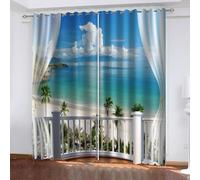 Cortinas Opacas Playa Tropical Cortinas Térmicas Aislantes con Ojales 2 Piezas 3D Vista al Mar Cortina Blackout para Dormitorio Infantil Ventanas Estándar 2X 132x215 cm B/2347