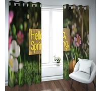 Cortinas Opacas rústicas Hello Spring Cartel de Madera Vintage Cortinas Florales de Ventana de Pradera Bohemia Sala Bohemia Cortinas térmicas aisladas 2 Paneles (W140xL280cm Cada uno)
