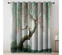 Cortinas Opacas Salon Modernas - Chino Planta Sauce Termicas Aislantes Cortinas Corredizas con Ojales, Verde 2 Piezas para Dormitorio Habitación de los Niños 117 An x 229 Al cm