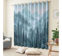 Cortinas Opacas Térmicas 117 x 137 cm Pintura Paisaje Natural Montañas Bosques - Cortinas para Dormitorio o Salón, Anti-Luz y Antirruido, Aislantes para Verano e Invierno, 2 Piezas, Azul Grisáceo
