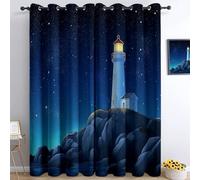 Cortinas Opacas Termicas Aislantes Frio y Calor de Casa Cortina 100% Blackout Faro De Dibujos Animados Sky Rock, Acustica con Ojales para Salon Dormitorio 2 Piezas, Azul, 91.5 x 214 cm