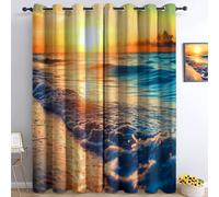 Cortinas Opacas Termicas Aislantes Frio y Calor de Casa Cortina 100% Blackout Hermosa Playa Puesta De Sol, Acustica con Ojales para Salon Dormitorio 2 Piezas, Amarillo Dorado, 234 x229 cm