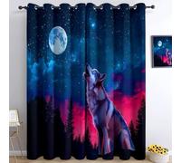 Cortinas Opacas Termicas Aislantes Frio y Calor de Casa Cortina 100% Blackout Surrealismo Animales Lobo, Acustica con Ojales para Salon Dormitorio 2 Piezas, Azul, 234 x229 cm