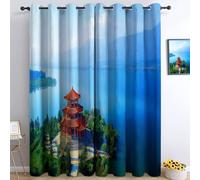 Cortinas opacas térmicas de China para paisaje, arquitectura, torre, cortinas de ventana de efecto 3D, poliéster opaca y aislamiento, para dormitorio, salón con ojales, 2 paneles 75 x 166 cm, azul