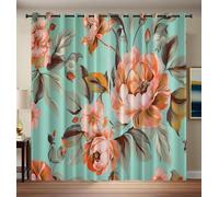 Cortinas Opacas Turquesa Rosa 2 Piezas 140x160cm Vintage Floral, Medieval Cortinas Opacas con Ojales Aislantes Térmicos, Cortinas con Estampados para Sala De Estar Dormitorio Cocina