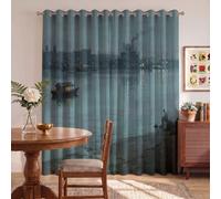Cortinas Opacas Vista Nocturna Del Puerto Retro Azul, 100Anx220Al Cm