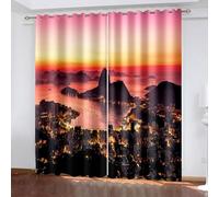 Cortinas para dormitorio, juego de 2 paneles, 132 x 160 cm, cielo nocturno, montañas, mar y pueblos, cortina opaca con aislamiento térmico y ojales superiores, ahorro de energía, color naranja y negro