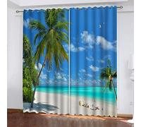 Cortinas Salon 2 Piezas Cocoteros De Playa Con Vistas Al Mar 3D Cortinas De Dormitorio Comedor Salon Cocina Habitacion 2 Piezas 264x214 Cm Moderna Con Ojales Para Ventanas Sala Para Niños, Cortinas