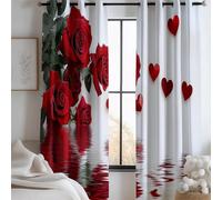 Cortinas Salon 3D Flores Rosas Forma De Corazón Estampadas Cortinas Opacas Termicas Aislantes Frio Y Calor para Habitacion Dormitorio Rojo Decoración De La Ventana 140An x 245Al cm (2 Paneles)