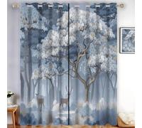 Cortinas Salon Ilustraciones de bosques 2 Piezas Cortinas Opacas Termicas Aislantes Frio Y Calor con Ojales 140 x 160 cm Flores, árboles, ciervos, niebla Opacas para Ventanas Dormitorio Azul grisáceo
