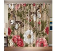 Cortinas Salon Mariposas Flores Opacas Blackout 2 Piezas, 140 x 175 cm, Cortinas Termicas Aislantes Frio Y Calor, Cortina Con Ojales Estilo Natural Vintage Antiruido Para Habitacion, Marrón Claro