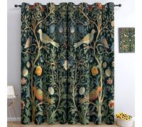 Cortinas Salon Modernas Verde Oscuro Multicolor Cortina Translucidas Estilo William Morris con pájaros y Flores 3D con Ojales, Visillos Cortos para Dormitorio 140An x 175Al cm (2 Paneles)