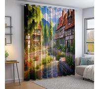 Cortinas Salon Opacas 2 Piezas con Ojales, Cortinas Estampadas para Primer Plano Pueblo Calle Estilo Pastoral, Termicas Aislantes Frio y Luz, Decoración Ventanas (Vistoso, 140An×280Al cm)