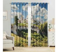 Cortinas Térmicas 3D Paisaje de Edificios en la Cima de la montaña Opacas, Aislantes para Dormitorio Juvenil, Salón y Habitación Infantil 2 Paneles Modernas 140An x 245Al cm