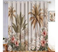 Cortinas Termicas Aislantes Frio Y Calor Cortinas Opacas Salon Dormitorio 2 Piezas 140 X 300 Cm Blackout Curtains Hibiscos Palmeras con Ojales para Habitacion Comedor, Beige Selva Tropical