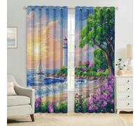 Cortinas Térmicas Opacas Faro Junto al mar al Atardecer Aislantes Frío y Calor para Dormitorio Salón u Oficina Modernas y Decorativas 2 Paneles 117An x 229Al cm