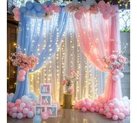 Cortinas tipo telón de fondo de tul transparente rosa y azul con cadena de luces para revelación de género, decoraciones de baby shower para niños o niñas, fiesta de cumpleaños, sesión de fotos, telón
