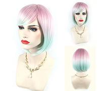 Corto Chelín Peluca Multicolor Pelo lacio Longitud del hombro 32cm Cosplay Fiesta Víspera de Todos los Santos Disfraz (Color : 1)