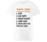 Cosas Que Quiero Coches Más Coches Mecánico Camiseta Blanca De Algodón con Cuello Redondo para Niños