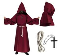 COSBERY Disfraz de Monje Hombre, Disfraz Halloween Adulto Hombre Mujer Vestido Medieval Capa Halloween con Capucha, Cinturón de Cuerda y Collar de Cruces, Gotico Cosplay para Carnaval