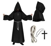 COSBERY Disfraz de Monje Hombre, Disfraz Halloween Adulto Hombre Mujer Vestido Medieval Capa Halloween con Capucha, Cinturón de Cuerda y Collar de Cruces, Gotico Cosplay para Carnaval