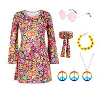 COSBERY Disfraz hippie para mujer, disfraz de los años 70, 6 piezas, juego de disfraces hippie, accesorios con gafas, collar de la paz, pendientes, diadema, disfraces para mujer para carnaval