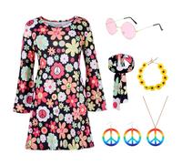 COSBERY Disfraz hippie para mujer, disfraz de los años 70, 6 piezas, juego de disfraces hippie, accesorios con gafas, collar de la paz, pendientes, diadema, disfraces para mujer para carnaval