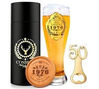 COSBERY Regalos de cumpleaños número 50 para hombres, decoración personalizada de 50 cumpleaños, regalos de cerveza para hombres, vaso de cerveza de 580 ml, 50 abrebotellas de cerveza, posavasos de