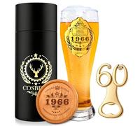 COSBERY Regalos de cumpleaños número 60 para hombres, decoración personalizada de 60 cumpleaños, regalos de cerveza para hombres, vaso de cerveza de 1966 de 580 ml, 60 abrebotellas de cerveza