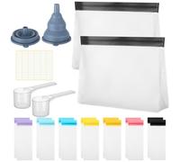 Cosblank Juego de viaje de proteína en polvo, reutilizables, paquete de suplementos, organizador portátil, bolsas con cremallera, embudos, cucharas y etiquetas