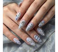 Cosblisvia 24 Piezas Uñas Postizas Cortas Almendra, Azul Ombre Press On Nails 3D Mariposa, Uñas Adhesivas Para Mujeres, Chicas, Fiesta, Boda, DIY (Azul)