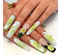 Cosblisvia Uñas postizas hechas a mano, uñas verdes adhesivas cuadradas, uñas falsas largas con flores 3D para damas, novias, amantes de la moda para fiestas, primavera, uso diario (Tamaño M, 10