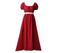 COSDREAMER Vestido de regencia Retro Victoriano de Cintura Alta para Mujer, Vestido de regencia Retro con Volantes y Manga abullonada, Rojo Vino, L